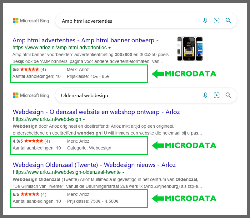 Microdata Bing zoekmachine gestructureerde data gegevens metadata seo voorbeeld Arloz.