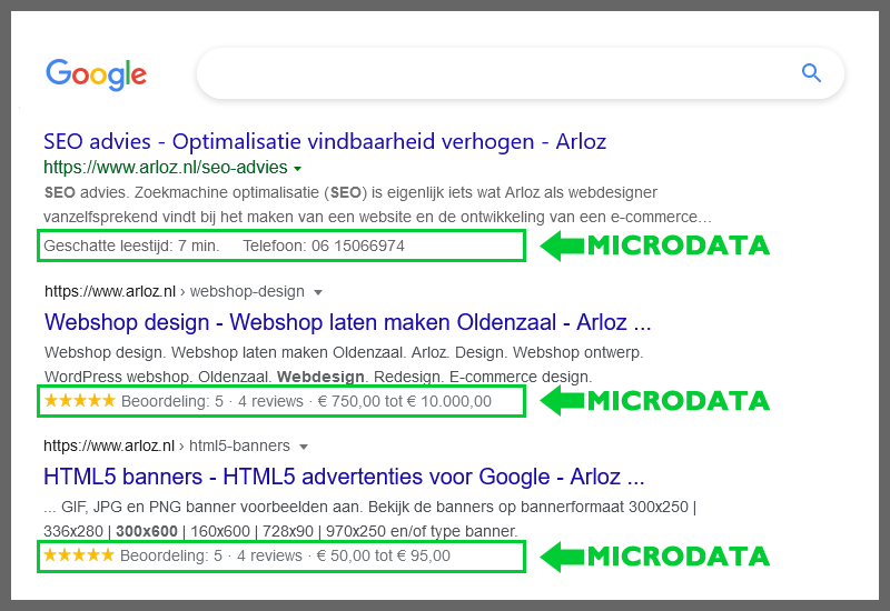 Microdata Google zoekmachine gestructureerde data gegevens metadata seo voorbeeld Arloz.