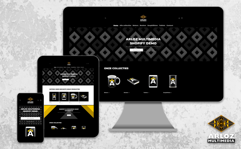 Shopify e-commerce webdesign. Themes thema's aanpassen door Arloz. Bekijk de responsive Shopify demo shop.