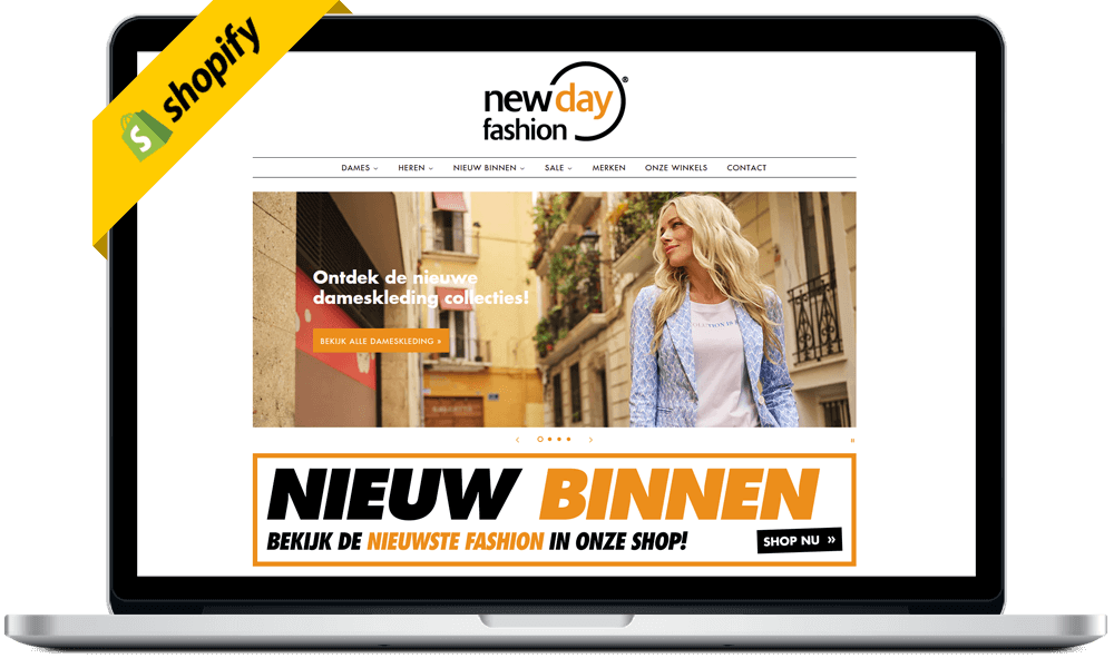 Portfolio e-commerce: Shopify webshop voorbeeld www.newdayfashion.nl e-commerce webdesign door Arloz.